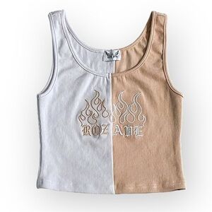 ROZ AVE cropped ribbed two tone tanktop with front embroidery, stretchy, sz M